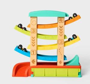 lot 16216 image: Wooden Race Car Ramp - 3pc -Gigglescape Toy Vehicle Tracks, Wooden Truck Ramp, Car Track, Includes Vehicles
