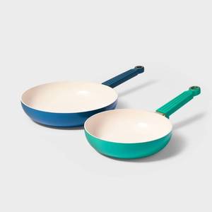 lot 21773 image: 2pc (8 and 10) Ceramic Nonstick Fry Pan Set Teal GreenBlue - Tabitha Brown for Target Cookware Collection, Dishwasher-Safe