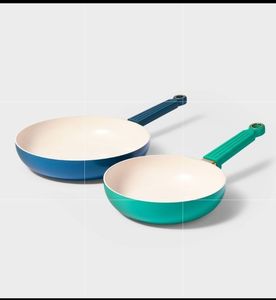 lot 21789 image: 2pc (8 and 10) Ceramic Nonstick Fry Pan Set Teal GreenBlue - Tabitha Brown for Target Cookware Collection, Dishwasher-Safe