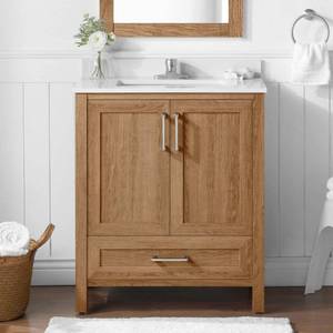 lot 14829 image: Moorside 30 in. Single Sink Sweet Maple Bath Vanity with White Engineered Stone Top (Assembled) - Retail $377