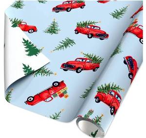 lot 14849 image: American Greetings Reversible Christmas Wrapping Paper Roll with Little Red Truck Hauling a Christmas Tree, Light Blue and White Holiday Gift Wrap (60 sq. ft., 1 Standard Roll Wrap-30 in. x 24 ft.)