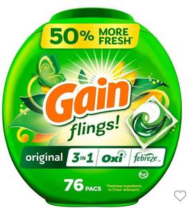 lot 14856 image: Gain flings Original 3 in 1 Oxi & Febreze HE Concentrated Laundry Detergent Pods 76 Pacs - 51oz