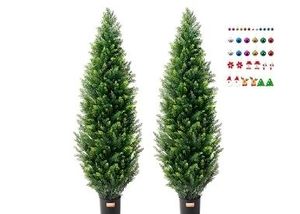 lot 30001 image: VEVOR Artificial Topiary Cedar Tree, 60 inch Tall (2 Pieces), with Extra Leaves & Pot Faux Evergreen Fake Pine Cypress Trees Plant, UV Rated Artificial Greenery Set for Home Decor IndoorOutdoor
