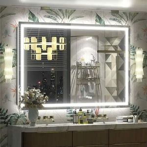 lot 30008 image: for Apmir 55 in. W x 36 in. H Rectangular Frameless Front & Back LED Lighted Anti-Fog Tempered Glass Wall Bathroom Vanity Mirror - Retail $396