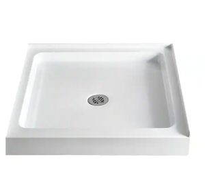 lot 30017 image: 36 in. L x 36 in. W Double Threshold Corner Shower Pan Base with Center Drain Square White Acrylic Base for RVBathroom - Retail $302