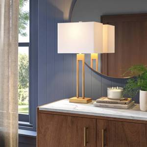 lot 23326 image: Window Pane Table Lamp with USB Brass - Threshold Modern Metal Body, Linen Cylinder Shade, ETL Listed (See Details)- Retail $65