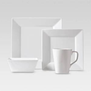 lot 23342 image: 16pc Porcelain Square Dinnerware Set White - Threshold Microwave & Dishwasher Safe, Service for 4, Traditional Style - Retail $70