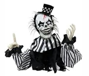 lot 23344 image: Questions and Answers for Haunted Hill Farm 20 in. Battery Operated Poseable Groundbreaker Clown with Red LED Eyes Halloween Prop