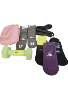 lot 23364 image: Workout Equipment Set- Grip Socks (SOME HAVE STAINS), 6lbs Weight, 1lb Wrist Weights, Jump Rope, and Waist Bag