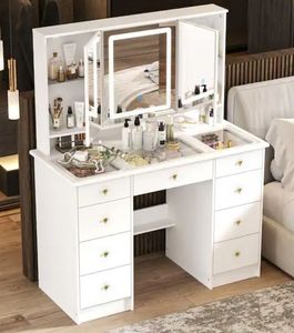 lot 30031 image: White Makeup Vanity Desk 9 Drawers Wood Dressing Table With 3 Mirrors, Glass Top, Hidden Storage Shelves, LED Lighted - Retail $235