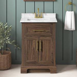 lot 30032 image: Doveton 24 in. Single Sink Dark Walnut Bath Vanity with White Engineered Marble Top (Assembled SEE LAST PIC)) - Retail $399