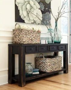 lot 30048 image: Gavelston 64 in. Black Rectangle MDF Console Table with Drawer (Cosmetic Damage) - Retail $372