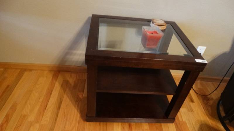 lot 1731 image: Wooden side table with glass top, cutter candle, coasters.