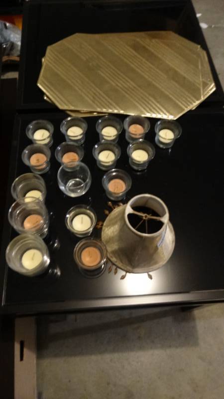 lot 1836 image: Place mats, small lamp shade and glass candles holders with candles.