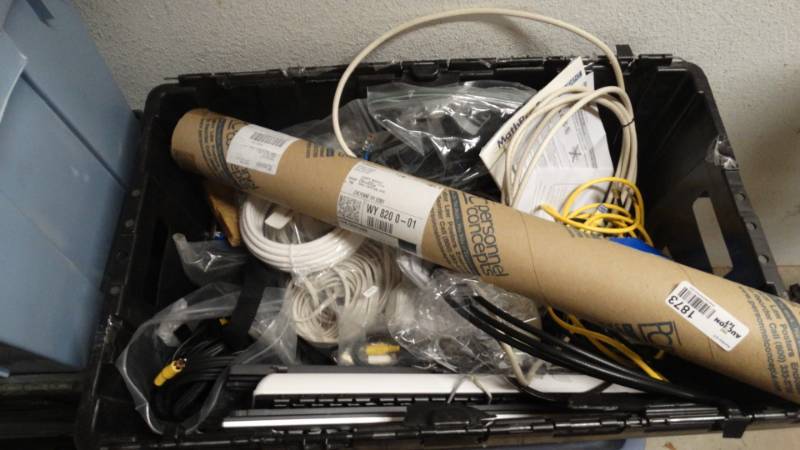 lot 1873 image: Tote full of keyboards and electronic wires, mouse, speaker wire etc.