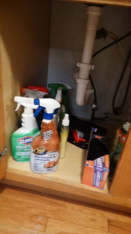 lot 1718 image: Cleaning products in cabinet.