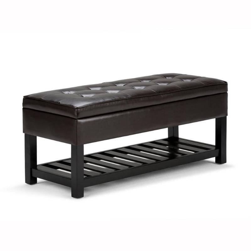 lot 21210 image: Simpli Home Cosmopolitan 44  Transitional Rectangle Ottoman Bench in Tanners Brown Faux Leather - Retail $230