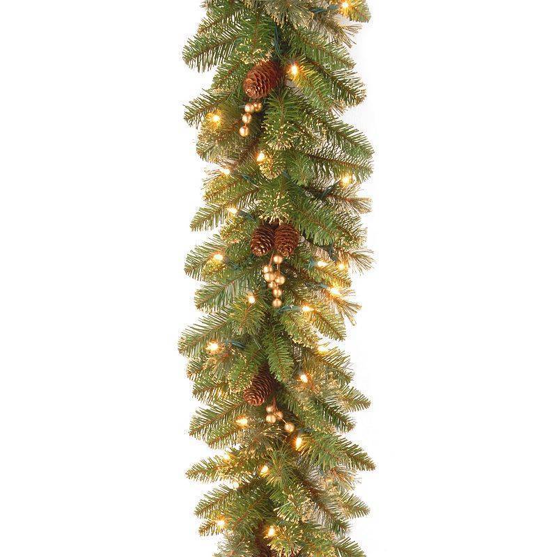 lot 21286 image: National Tree Company Pre-Lit Artificial Christmas Garland  Green  Glittery Pine  White Lights  Decorated With Pine Cones  Berry Clusters  Plug In  Christmas Collection  9 Feet