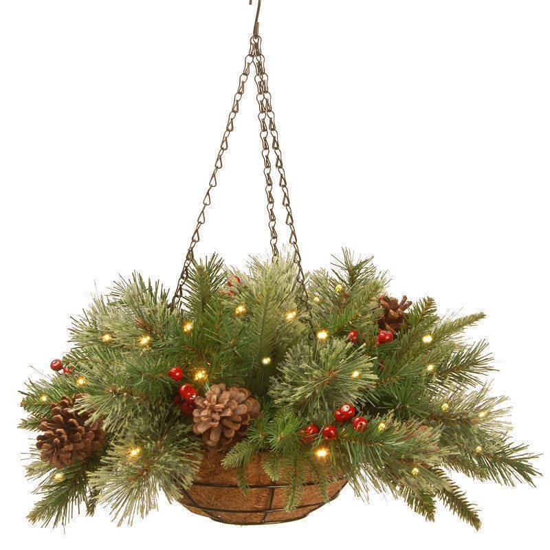 lot 11719 image: National Tree Company 20 Feel Real Colonial Hanging Basket with Pine Cones, Berries & 50 Battery-Operated Led Lights With Timer - Retail $65
