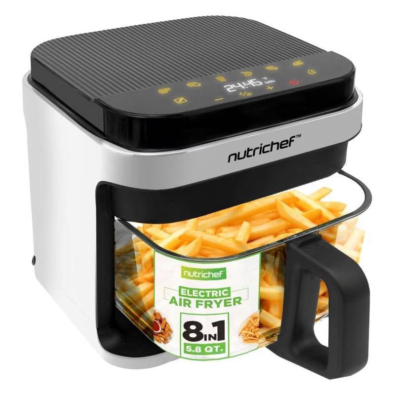 lot 8382 image: NutriChef 5.5 Liter Air Fryer - Customized Digital Electric Oil-Free Cooker with Transparent Window - White (MISSING BASKET)- Retail $90