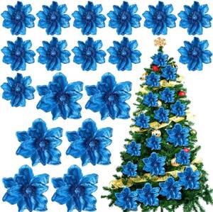 lot 23469 image: 18 Pcs 12 9.8 Large Poinsettia Flowers Artificial for Christmas Tree Glitter Poinsettias Picks with Stem Xmas Faux Silk Floral Ornaments for Santa Garland Home Decoration Party(Blue)