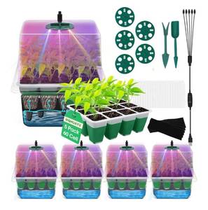 lot 23473 image: CNNIK 5pcs 60 Cells Seed Starter Tray with Grow Light Indoor Seeds Starter Kit with Lid Plastic Planting Trays Mini Greenhouse Garden