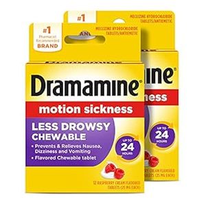 lot 23486 image: Dramamine Motion Sickness Less Drowsy Chewable, Raspberry Cream Flavored, 12 Count, 2 Pack, BEST BY 012027