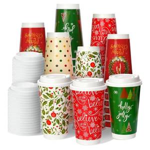 lot 23493 image: 50 Pack 16 oz Christmas Disposable Coffee Cups with Snap-on Lids - for Hot or Cold Drinks, Paper Coffee Cups for Xmas Holiday Table Decorations Party Supplies, 5 Assorted Christmas Styles