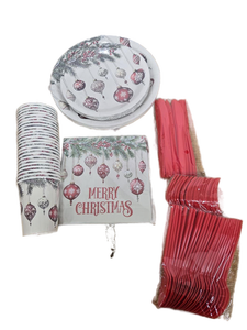 lot 23494 image: 2 Boxes of Srua Don Christmas Party Decorations, Merry Christmas Paper Plates and Napkins Party Supplies Tableware, Holiday Xmas Balls Theme Plate, Cup, Napkin, Disposable Cutlery, Serves 24