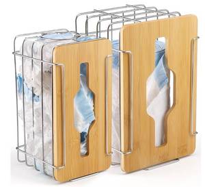 lot 23497 image: 2 Pack Trash Grocery Bag Holder Wall Mounted Design, Silver Extra Large Plastic Garbage Bag Dispenser Holder with Bamboo Lid, Kitchen Organizers and Storage Container Under Sink Large Capacity