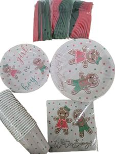 lot 23536 image: Aribra Christmas Gingerbread Gender Reveal Decorations, Gingerbread Boy Or Girl Theme Cookie Whats Baking Gender Reveal Party Supplies, Xmas Plate, Cup, Napkin, Disposable Cutlery, Serve 24