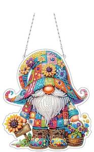 lot 23553 image: Gnome and Sunflower Diamond Painting Hanging Pendant Kit, 5D DIY Acrylic Crystal Special Shaped Window Garden Diamond Art Ornament for Adult