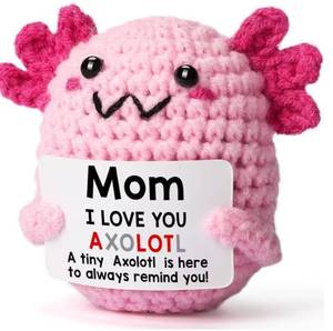 lot 23555 image: 2 Count of Mom Gifts from Daughter, Mini Crochet Axolotl for Mothers Day Birthday Christmas, Funny Present for Bonus New Mom in Law Son Kid Like Necklace Card Bracelet Blanket Flowers Candle Mug Basket Box