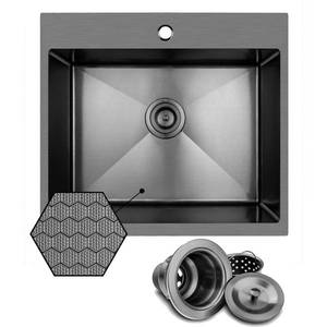 lot 30156 image: HEX 25 in. Drop-In Single Bowl Gunmetal Black Stainless Steel Kitchen Sink (Missing Accessories)- Retail $220