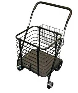 lot 30171 image: Heavy-Duty Steel Shopping Cart with Accessory Basket in Black (Missing Front Wheels) - Retail $93