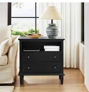 lot 30191 image: Juiien Traditional Farmhouse Solid Wood 2-Drawers Storage Nightstand with Charging Station and Adjustable Legs-Black