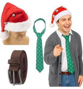 lot 31010 image: Floraltop Newcotte 3 Pcs Christmas Men 1980s Movie Costume Red Bell Santa Hat Green Christmas Tie Brown Mens Belt Accessory for Adults Halloween Holiday Party