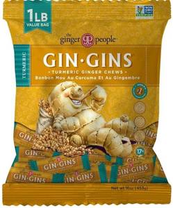 lot 31017 image: Gin GINS Spicy Turmeric Chewy Ginger Candy by The Ginger People Anti-Nausea and Digestion Aid, Individually Wrapped Healthy Candy - Spicy Turmeric and Ginger Flavor, Large 1 lb Bag