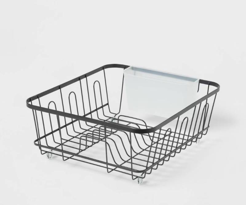 lot 12027 image: Small Steel Dish Drainer Black - Brightroom Freestanding Dish Drying Rack with Utensil Holder, Powder-Coated Steel (Dented)