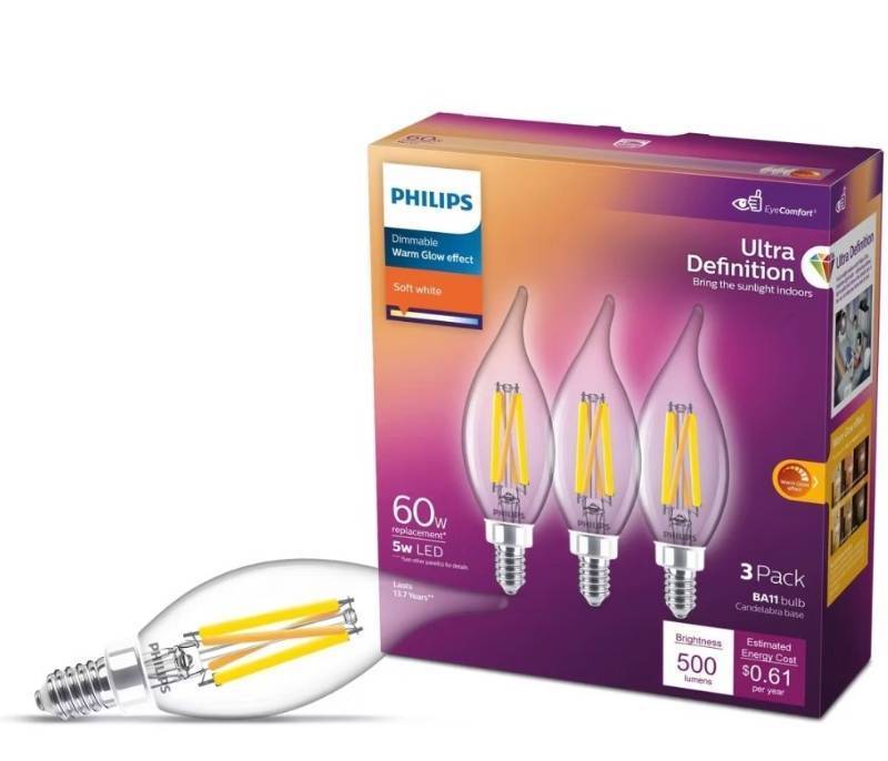lot 16155 image: Philips UltraDef LED 60W Clear Soft White BA11 3P Candelabra Base E12 Dimmable Candelabra Bulbs, 500 Lumens, 2700K, 3-Pack