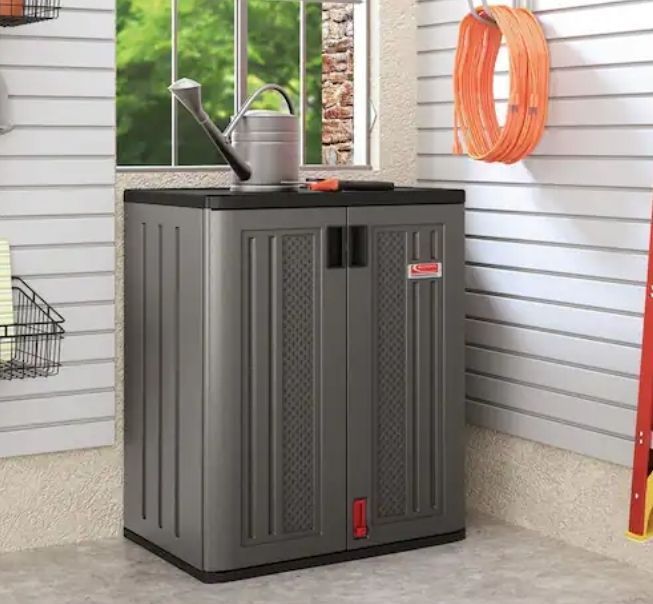 lot 21478 image: 30 in. W x 36 in. H x 20.25 in. D Plastic Freestanding Garage Base Cabinet in Slate (missing door and accessories) - Retail $163