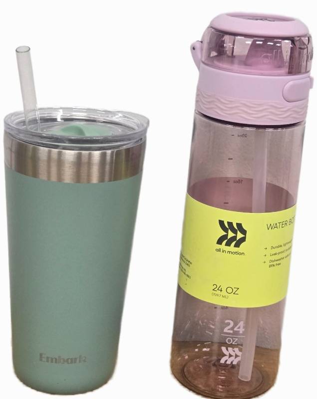lot 23123 image: All In Motion 24oz Water Bottle and Embark and 20oz Stainless Steel Tumbler with Straw Green