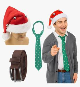 lot 16334 image: Newcotte 3 Pcs Christmas Men 1980s Movie Costume Red Bell Santa Hat Green Christmas Tie Brown Mens Belt Accessory for Adults Halloween Holiday Party