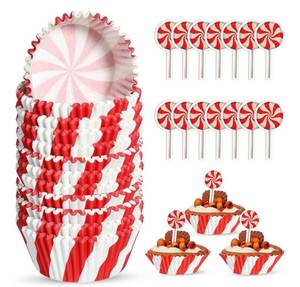 lot 23671 image: Vesici 200 Pcs Christmas Cupcake Liners and 200 Pcs Cupcake Toppers Candy Pattern Baking Cups Cake Wrappers Greaseproof Muffin Liners for Christmas Holiday Birthday Theme Party Supplies