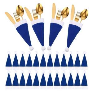 lot 23682 image: 30 Pack Christmas Santa Hats Silverware Holders Mini Santa Hats Xmas Party Dinner Table Dinnerware Decorations Christmas Party Supplies for Red Wine Bottle, Knife, Fork, Candy(Blue)