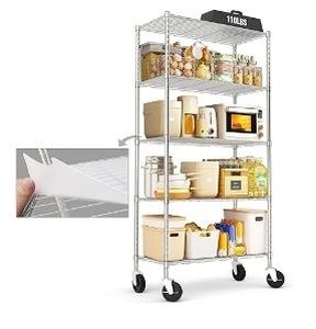 lot 30256 image: Chrome 5-Shelf Shelving Units and Storage Rack on Wheels with Shelf Liners Set of 5, NSF Certified, Adjustable Matel Wire Shelving Unit Rack for Garage, Kitchen, Office, (63H X 30W X 14D)