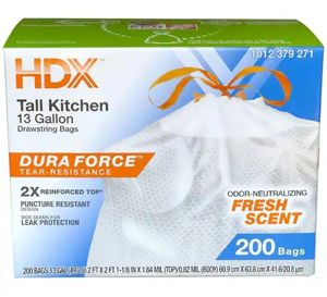 lot 30260 image: 13 Gallon Reinforced Top Drawstring Fresh Scented Tall Kitchen Trash Bags with 20% PCR (200-Count)