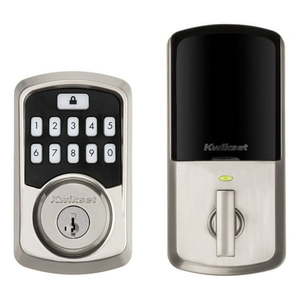 lot 30418 image: Kwikset Aura Bluetooth Smart Deadbolt Hardware Lock with Smartkey Satin Nickel - Retail $120