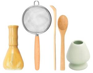 lot 31088 image: 5 PCS Matcha Whisk Set, Japanese Matcha Tea Making kit with Resin Whisk and Ceramic Holder, Stainless Sifter, Wood spoon and Bamboo Spoon, Basic Tea Tools For Present