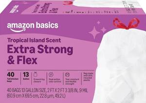 lot 31108 image: Amazon Basics Extra Strong & Flex Tall Kitchen Drawstring Trash Bags, Tropical Island Scent, 13 Gallon, 40 Count